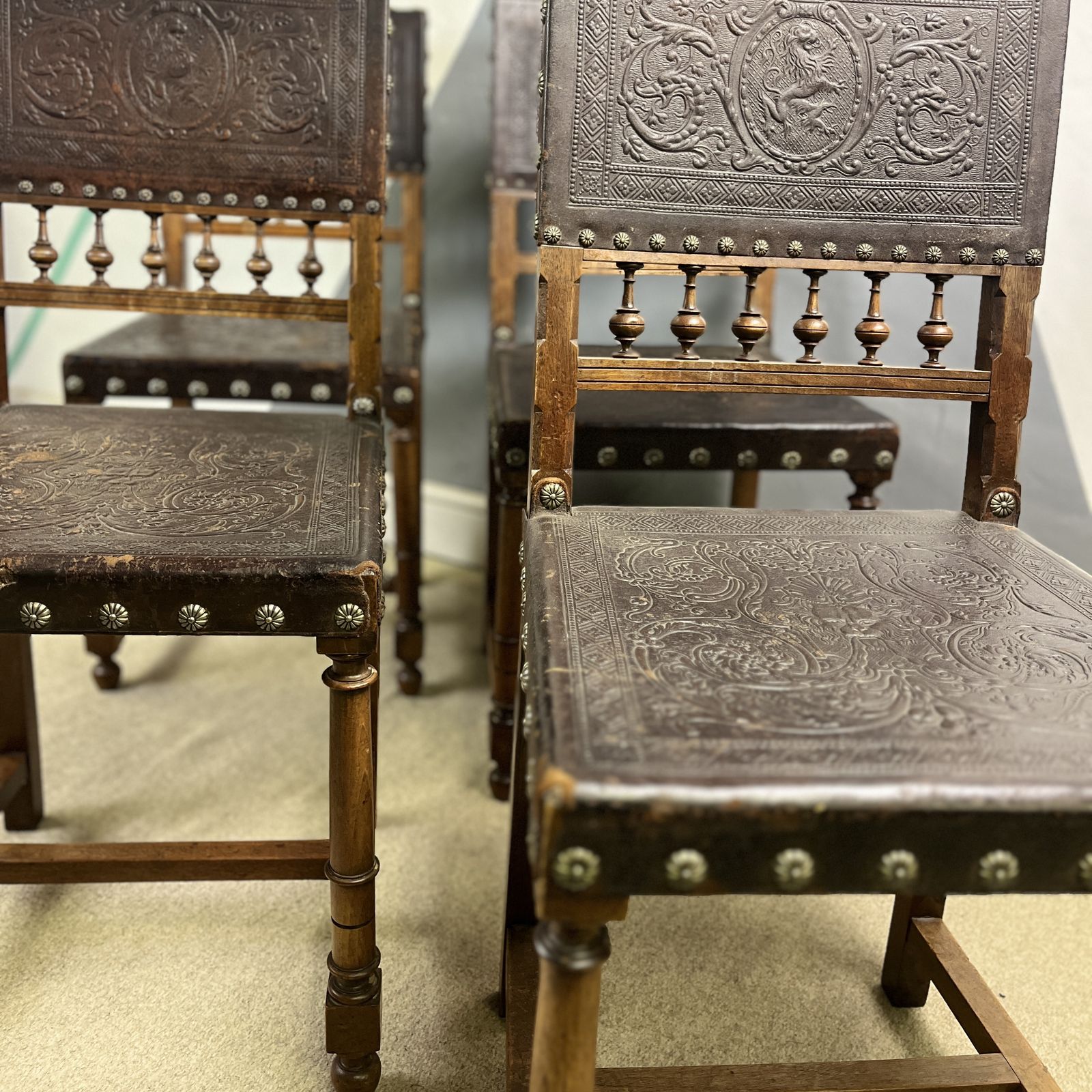 Antique Brown Leather Embossed Chairs Dining Set 4