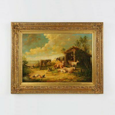 Belgian Artist, Farm Scene, 20th Century, Large Oil On Canvas, Framed