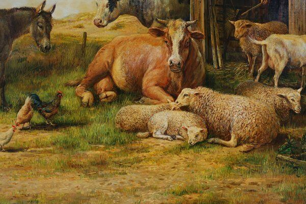Belgian Artist, Farm Scene, 20th Century, Large Oil On Canvas, Framed photo 1204.0