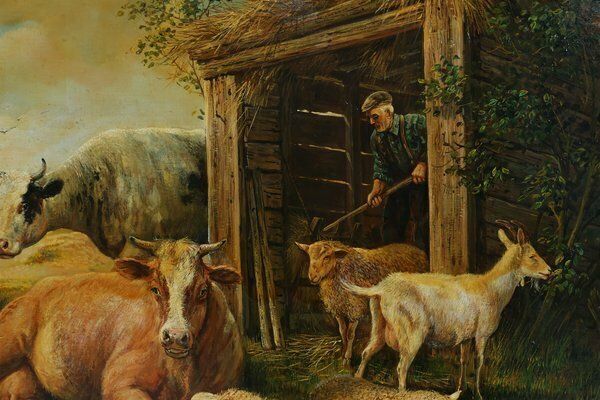 Belgian Artist, Farm Scene, 20th Century, Large Oil On Canvas, Framed photo vinterior