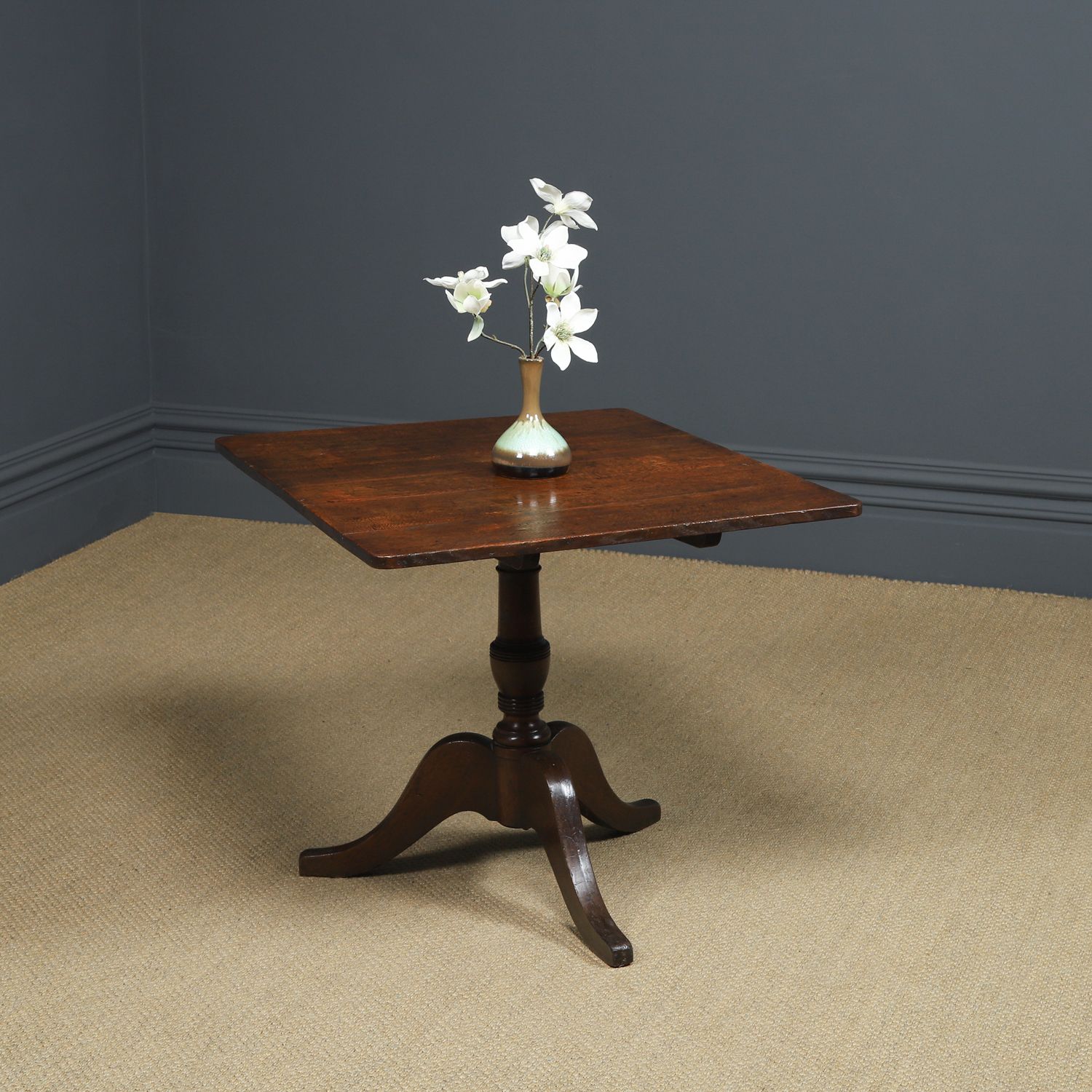 English Georgian Oak & Yew Wood Rectangular Top Occasional Wine Supper Tripod Table (Circa 1760)