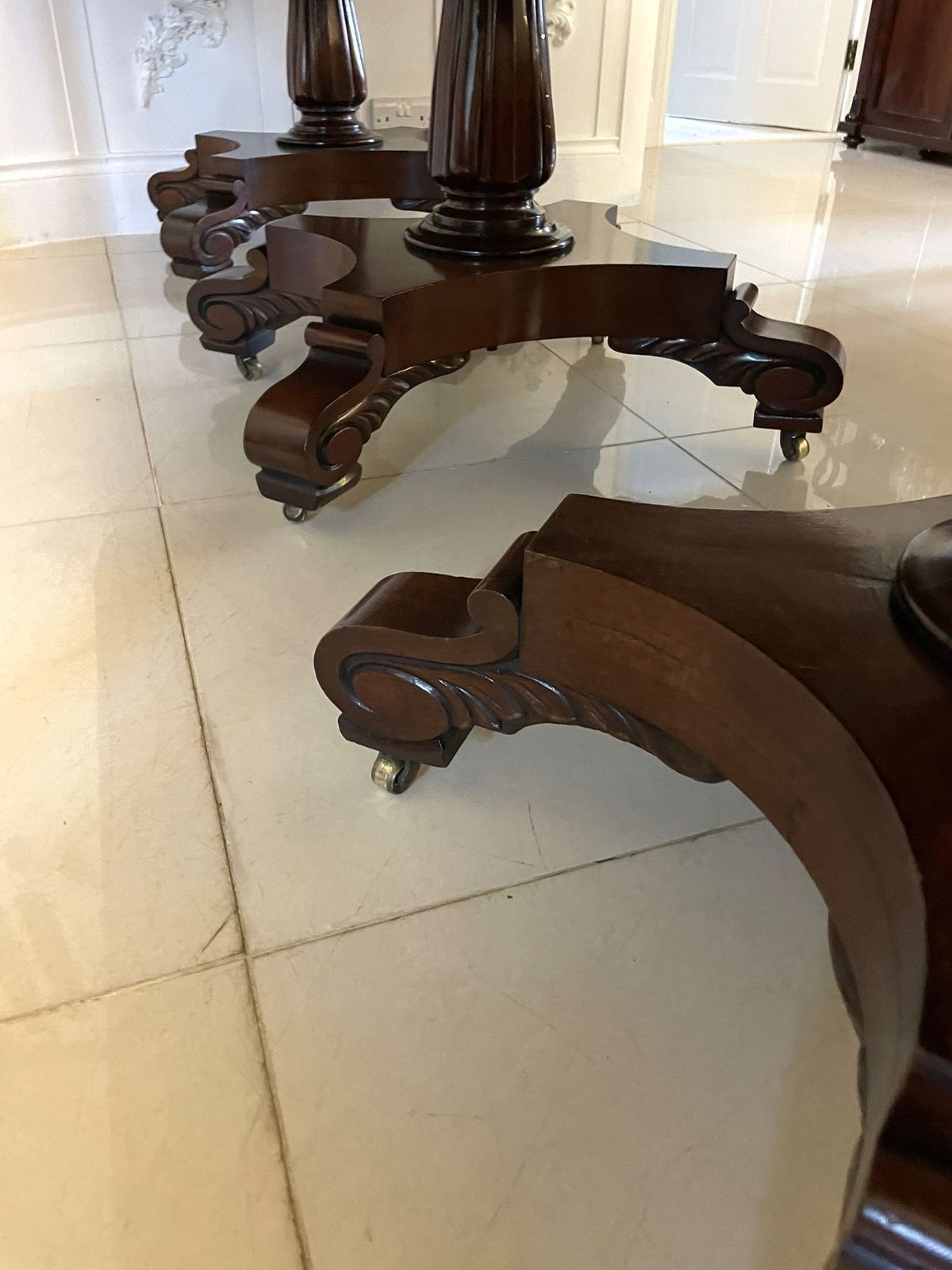 Exceptional Quality Antique 19th Century Figured Mahogany Triple Pedestal 10/12 Seater Dining Table photo furniture
