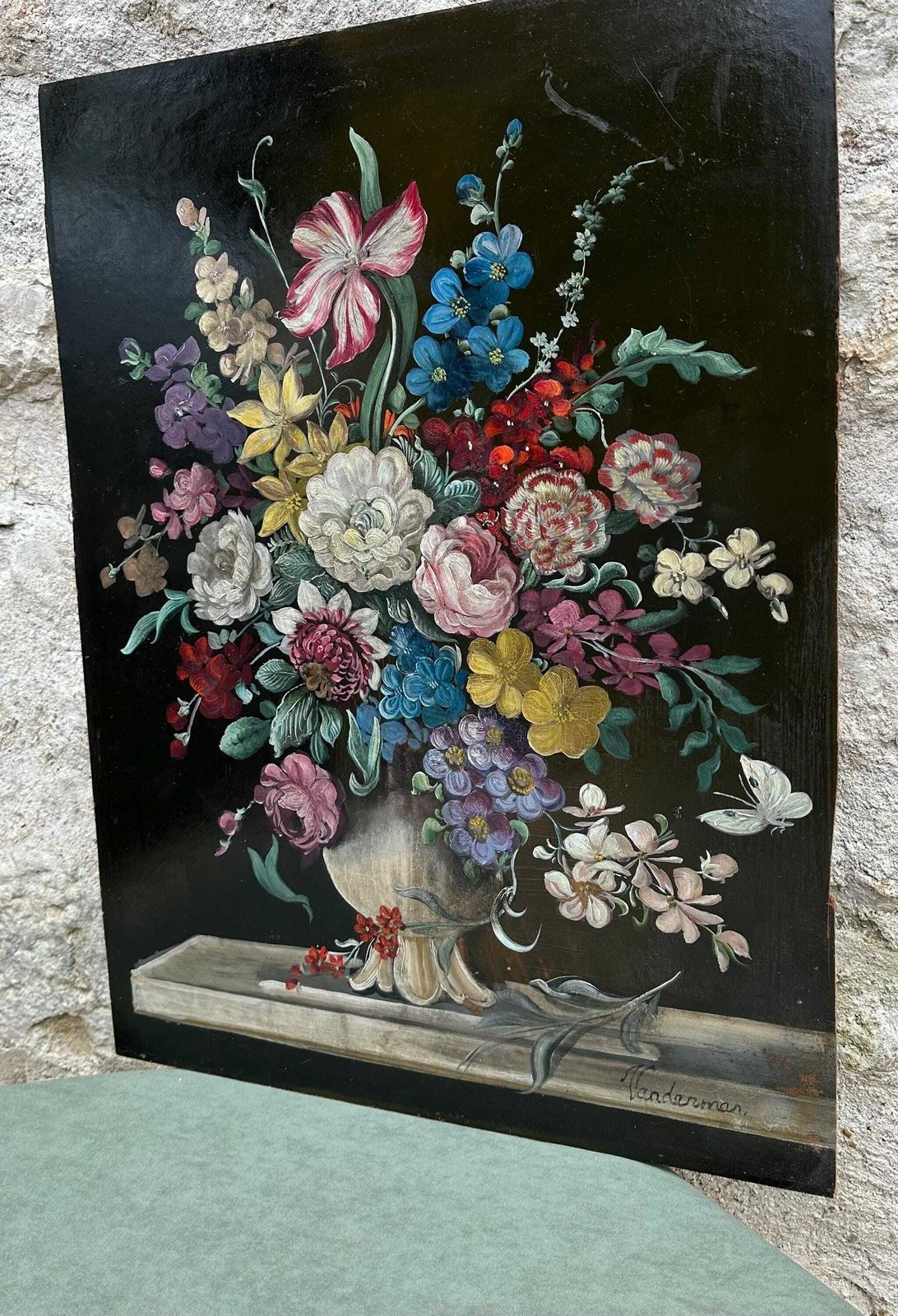 Dutch School Antique Still Life Oil Painting Flower Bouquet Black Signed Vanderman photo furniture