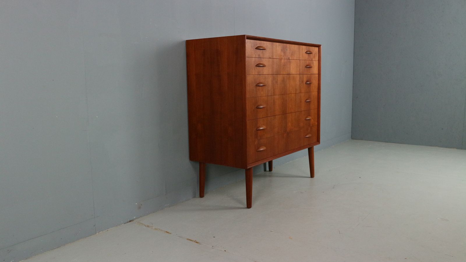 Mid Century Modern Danish Chest Of Six Drawers, Tallboy In Teak, Denmark, 1960