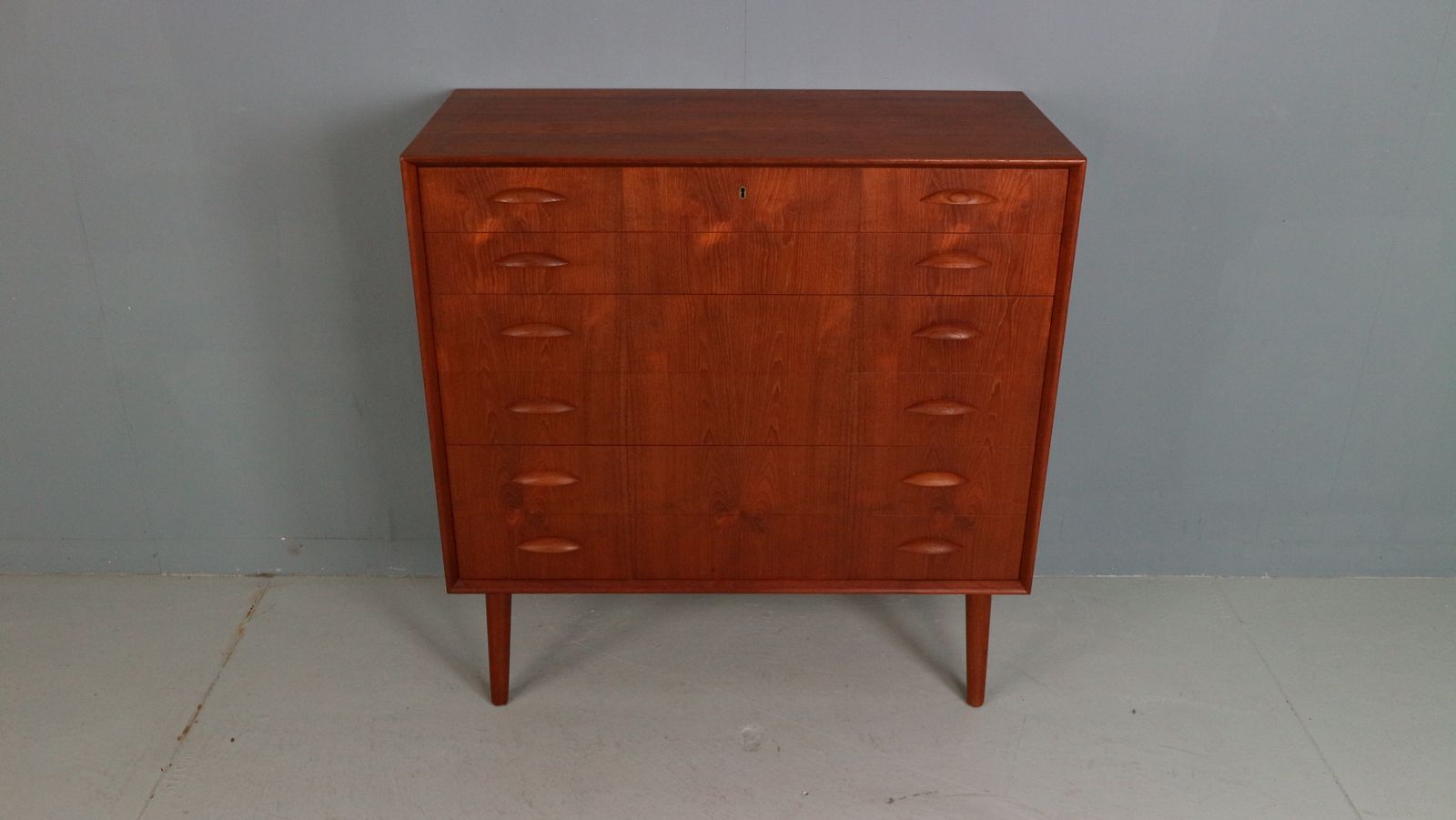 photo for sale Mid Century Modern Danish Chest Of Six Drawers, Tallboy In Teak, Denmark, 1960