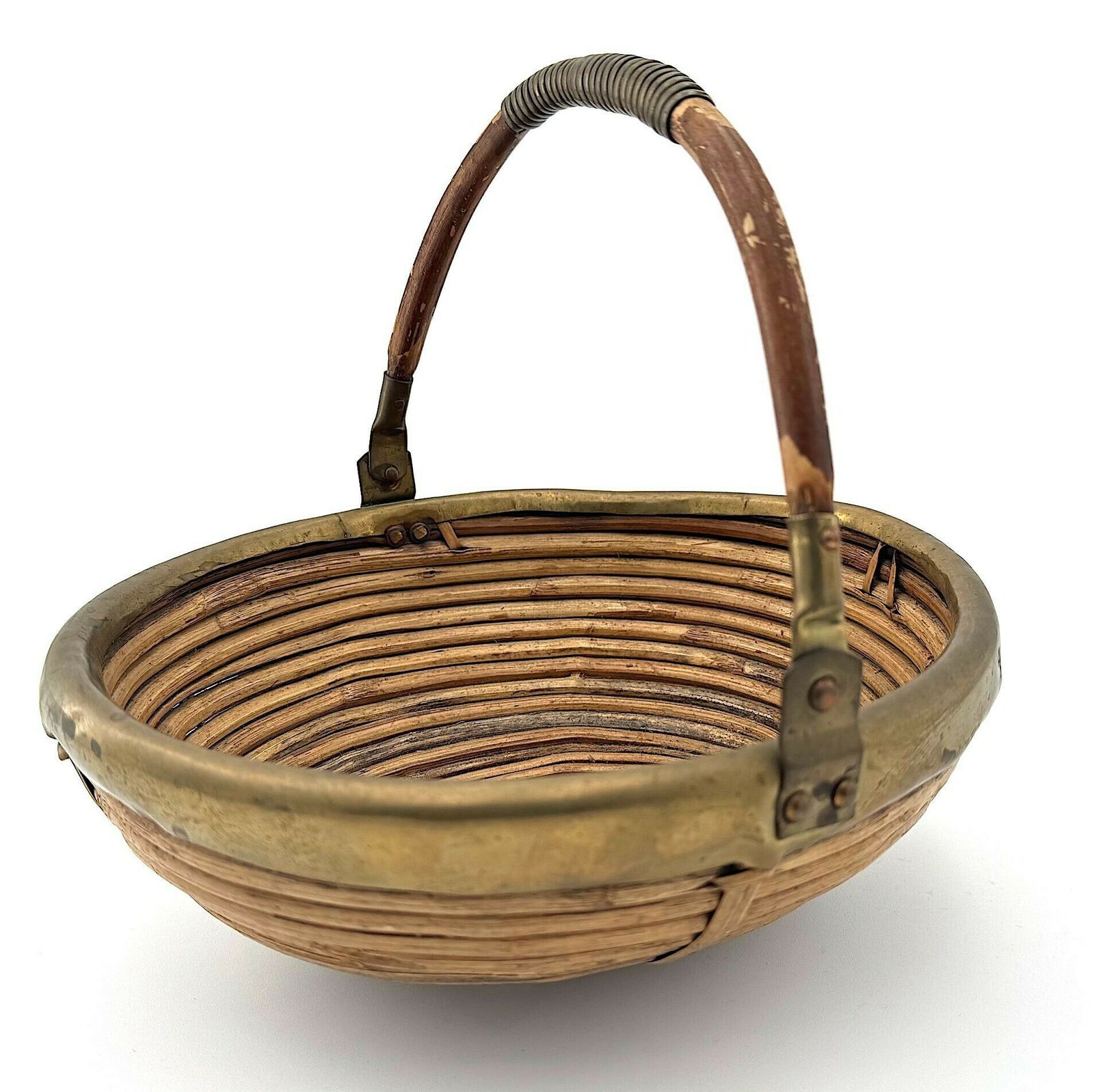 An Italian 1970s Woven Bamboo And Brass Bowl In The Style Of Gabriella Crespi