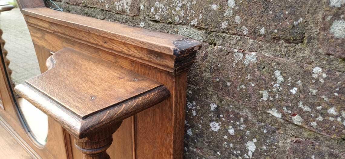 Elegant Upcycled Solid Oak Overmantel Mirror With Barley Twist Shelf And Bevelled Glass photo vinterior