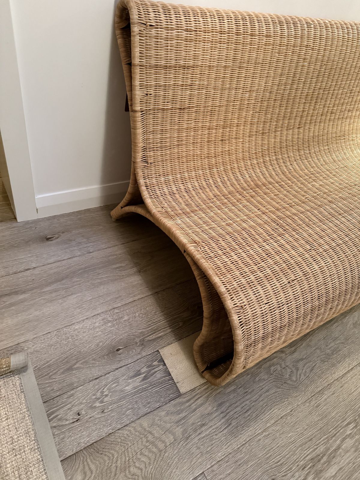 Curved 20th Century Italian Wicker Bench Vintage Rattan Sculptural Seat photo for sale
