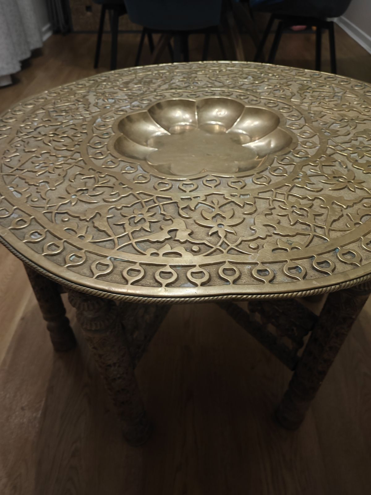 Anglo Indian Intricately Carved Table With Decorative Brass Top photo furniture