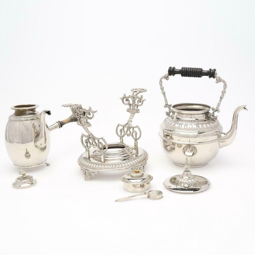 Silver Plated Tea Set, Exclusive Antique 3 Parts Kettle Coffee Pot, Warmer Set photo furniture