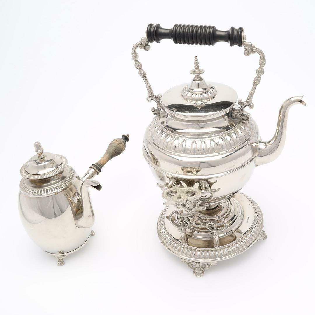 Silver Plated Tea Set, Exclusive Antique 3 Parts Kettle Coffee Pot, Warmer Set photo for sale