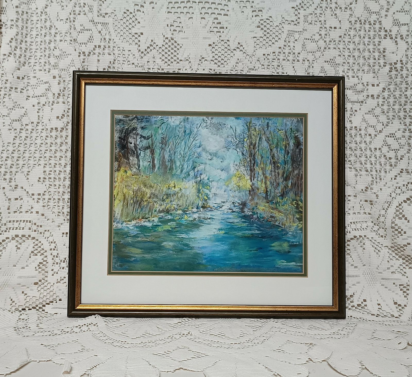 Original Pastel Painting Arizona Blue Stream In Forest Scene Artist Signed.