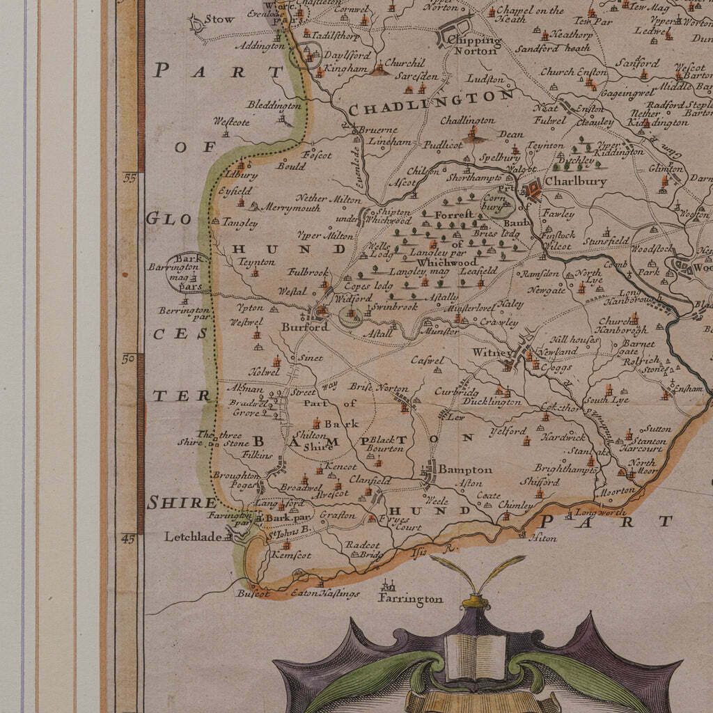 Antique Lithography Map, Oxfordshire, English, Framed Cartography, Robert Morden photo vintage