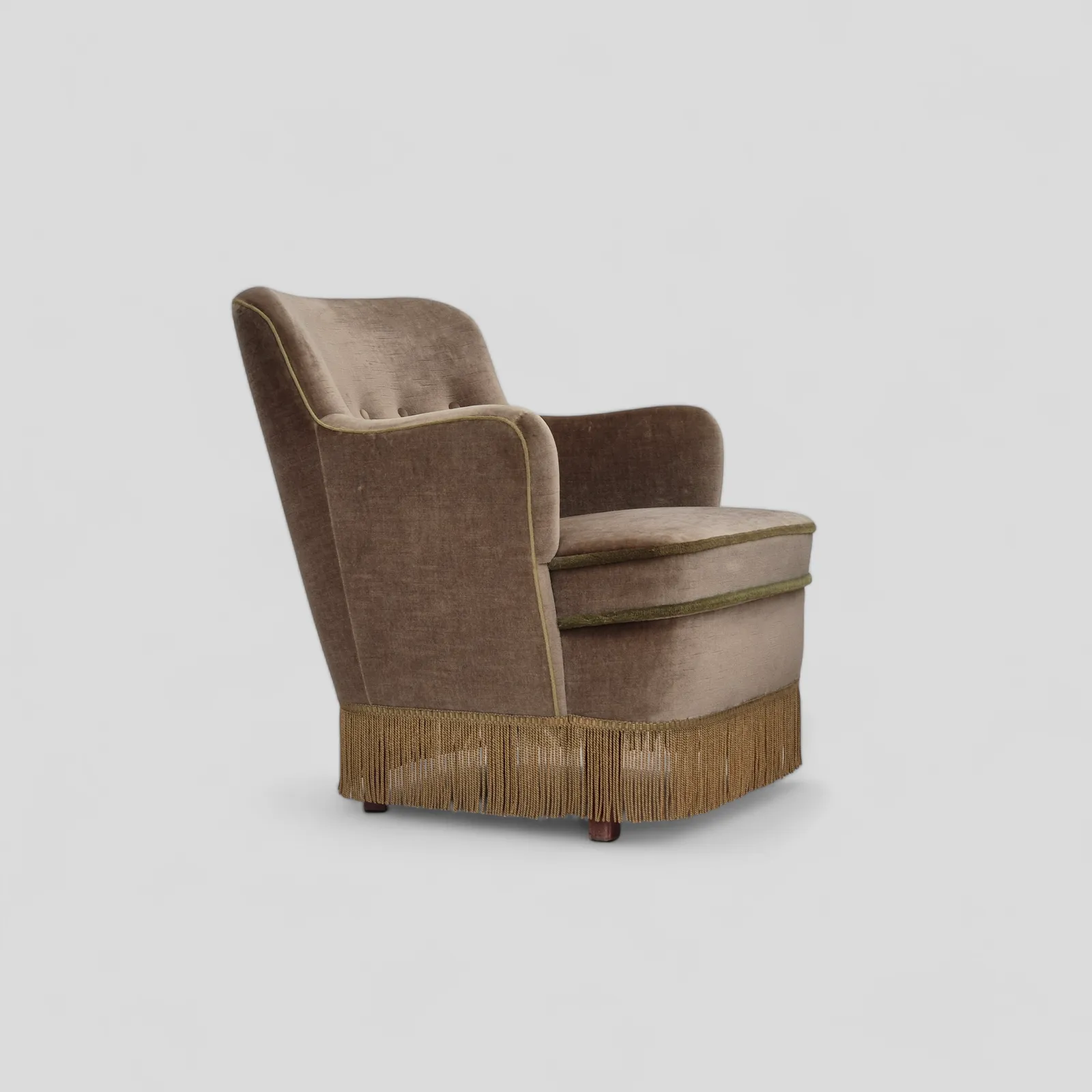 Jaren 1970, Deense Loungestoel, Ongerestaureerde Staat, Meubelvelours, Beukenhouten Poten.