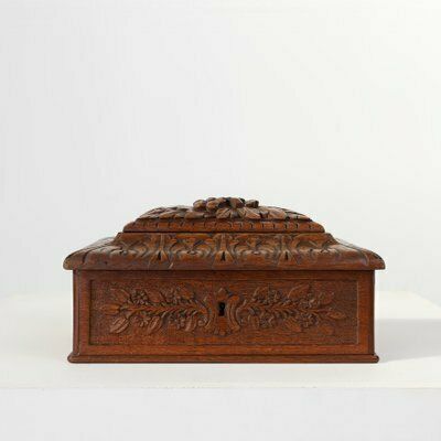 Antique French Sculptured Sewing Box In Oak, 1890s