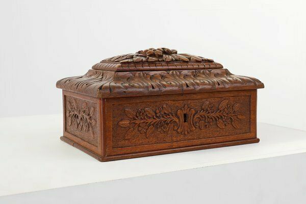 Antique French Sculptured Sewing Box In Oak, 1890s photo for sale