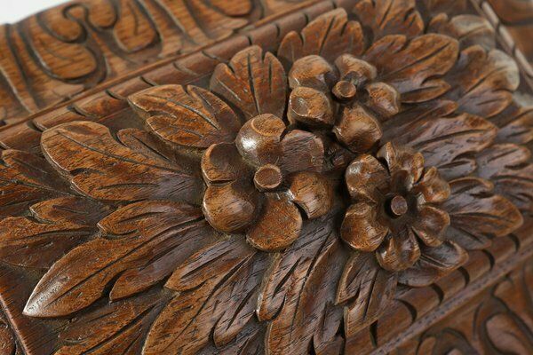 photo for sale Antique French Sculptured Sewing Box In Oak, 1890s