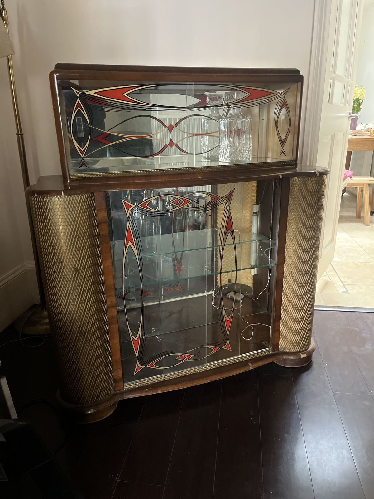 Transitional Modern Eglomise Mirrored Bar Cabinet photo for sale