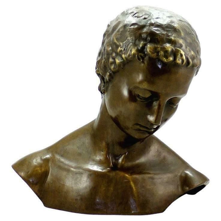 Sculpture Of A Tilted Face In Patinated Bronze, Contemporary Art, 21st Century.