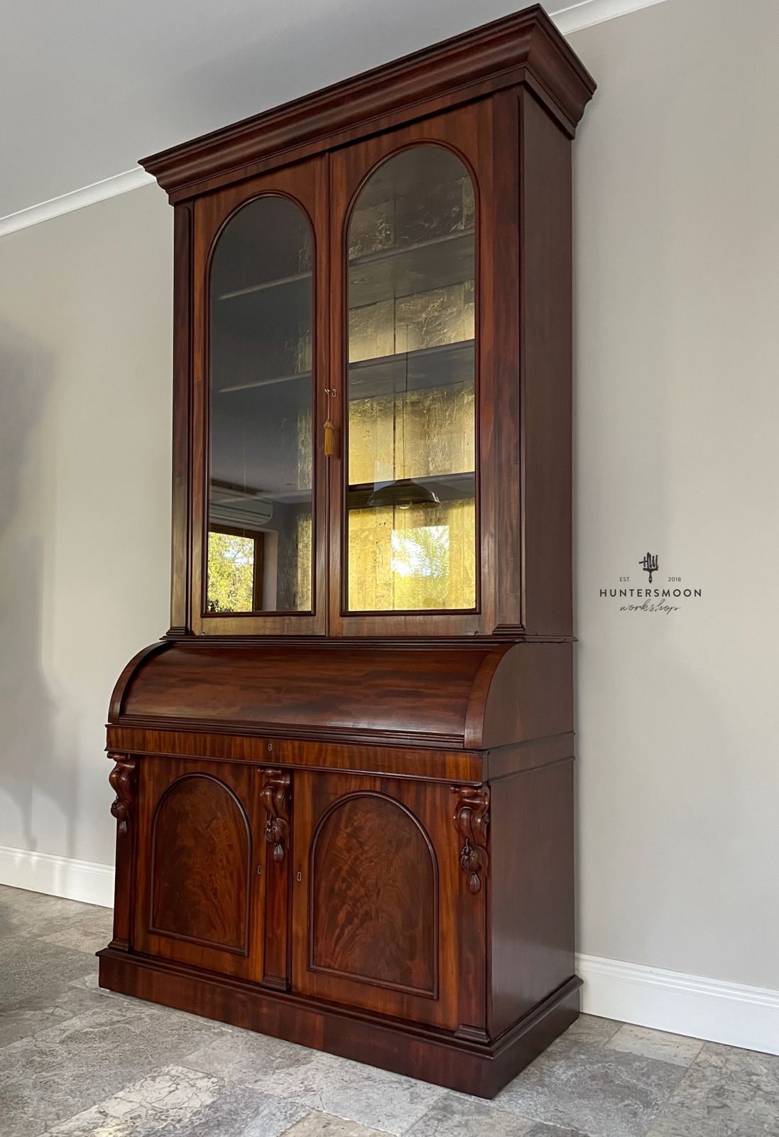 Victorian Mahogany Cylinder Writing Bureau With Glazed Bookcase, Circa 1880 photo for sale