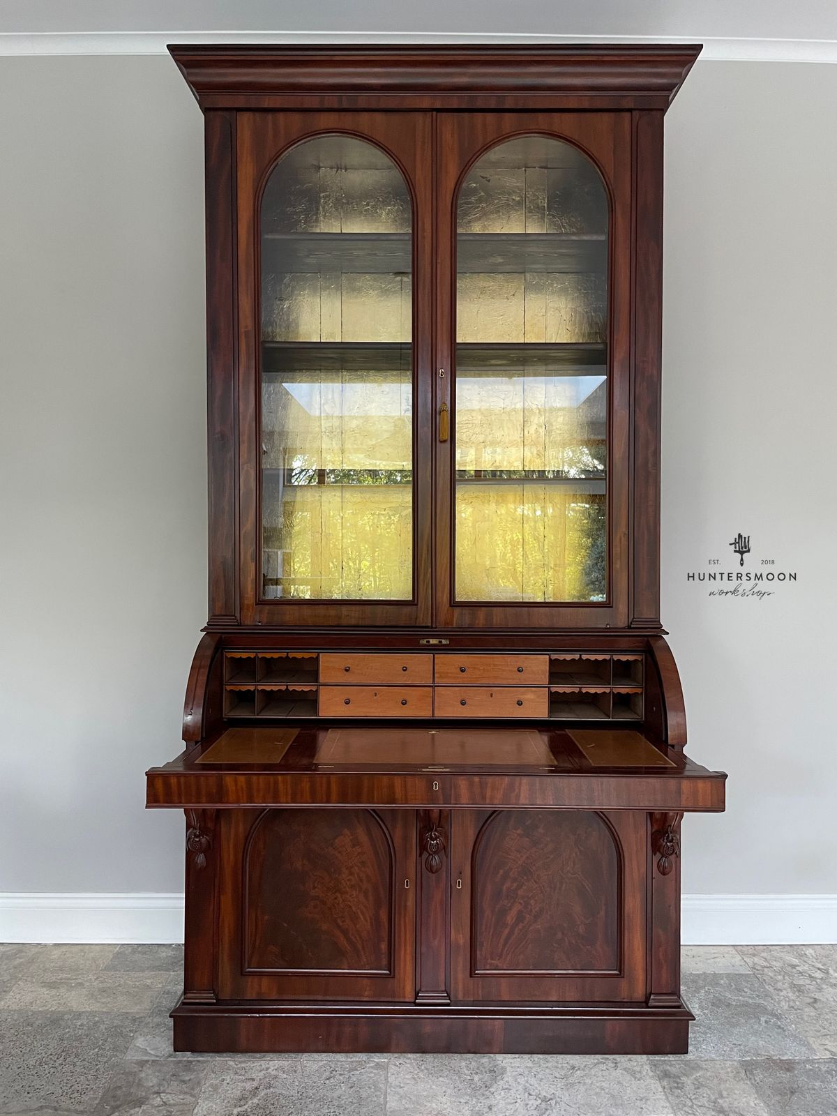 photo furniture Victorian Mahogany Cylinder Writing Bureau With Glazed Bookcase, Circa 1880