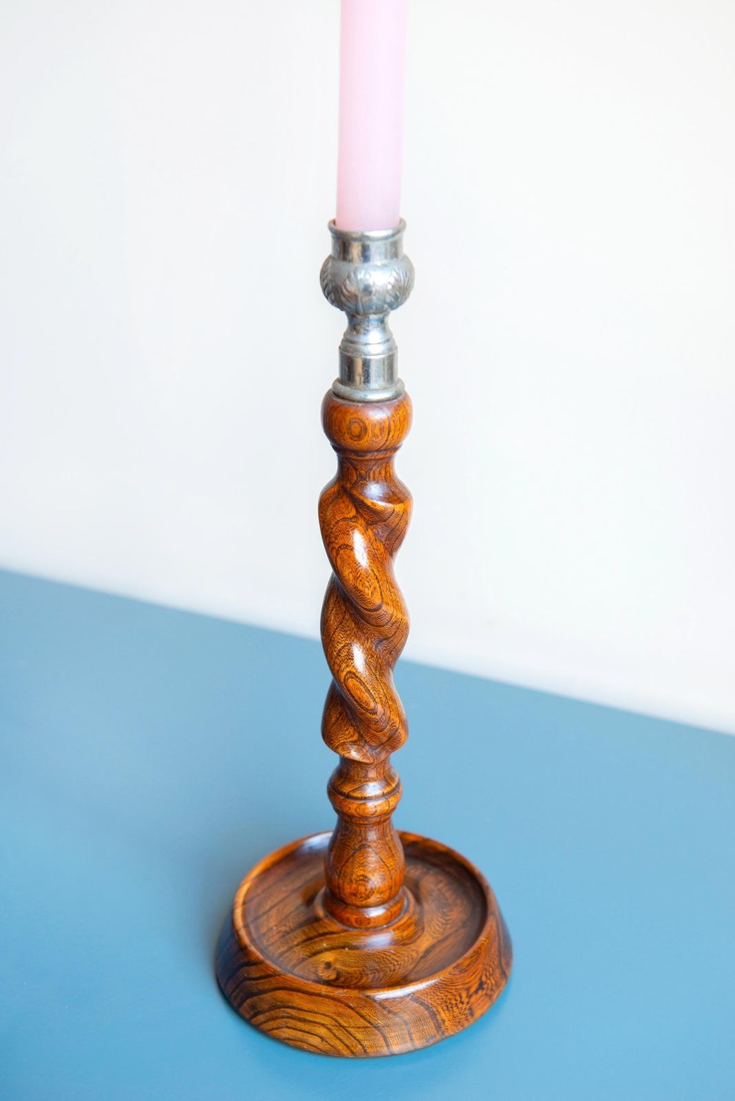 Two Antique Barley Twist Candle Holders, Turned Oak Wooden Candlesticks, English Victorian Candle Stand Pair, Rustic Home Decor photo vinterior