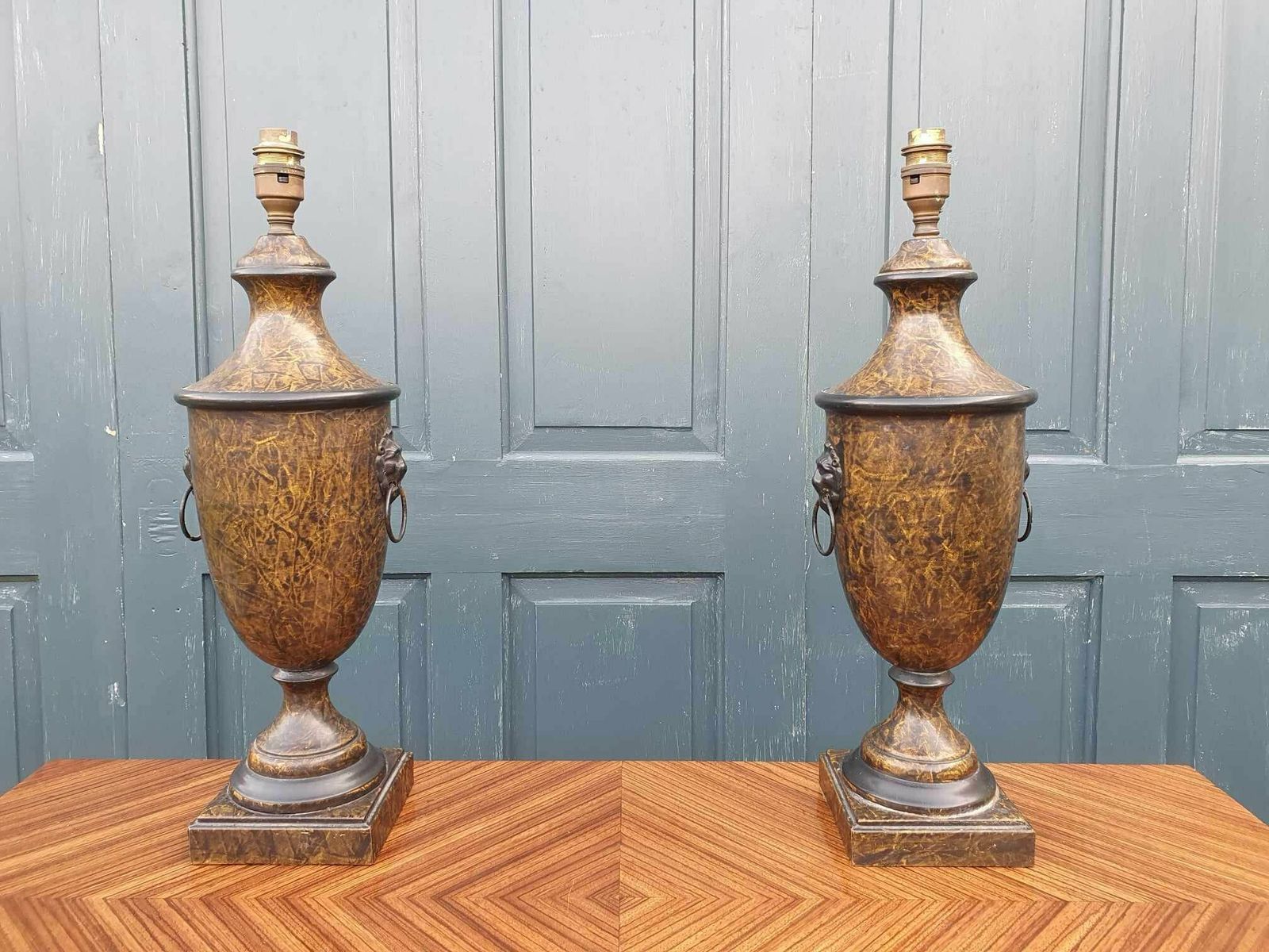Pair Of Faux Marble Toleware Lamps   Mid 20th Century photo for sale