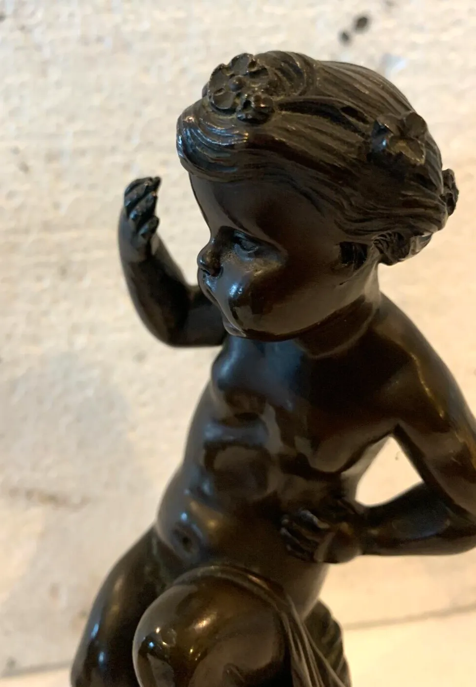 Pair Of Bronze Putti With Brown Patina On White Marble Base 20th Century photo Art