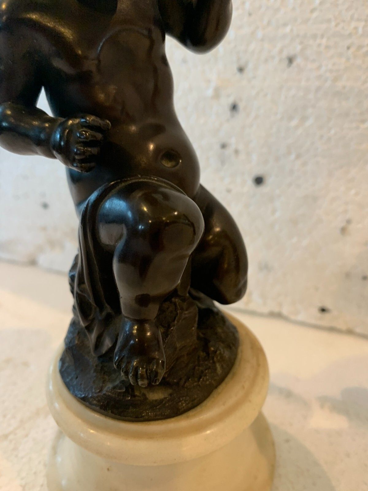 Pair Of Bronze Putti With Brown Patina On White Marble Base 20th Century photo buy