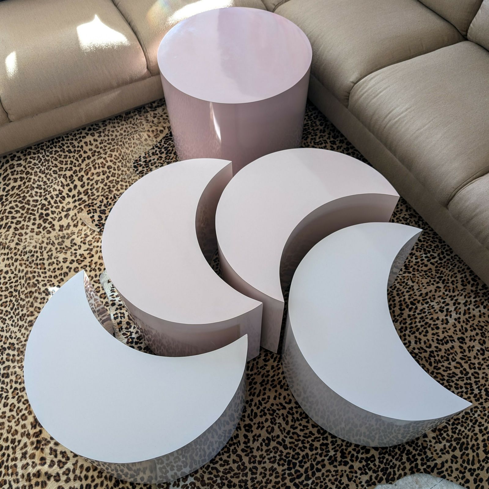 photo for sale Set Of Five Vintage Post Modern Pink Laminate Modular Coffee Tables, USA, 1980s