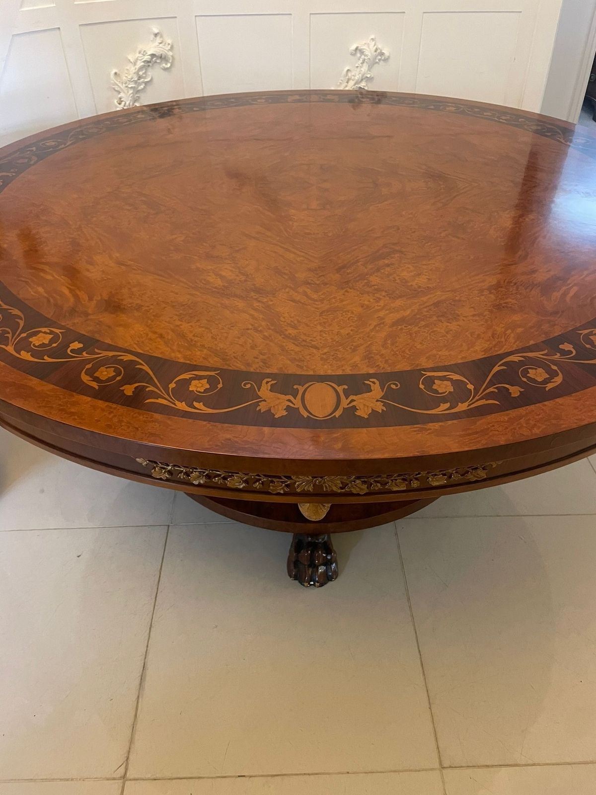Furniture Magnificent Quality 8/10 Seater Antique Burr Walnut Marquetry Inlaid Carved Gilded Dining Table photo