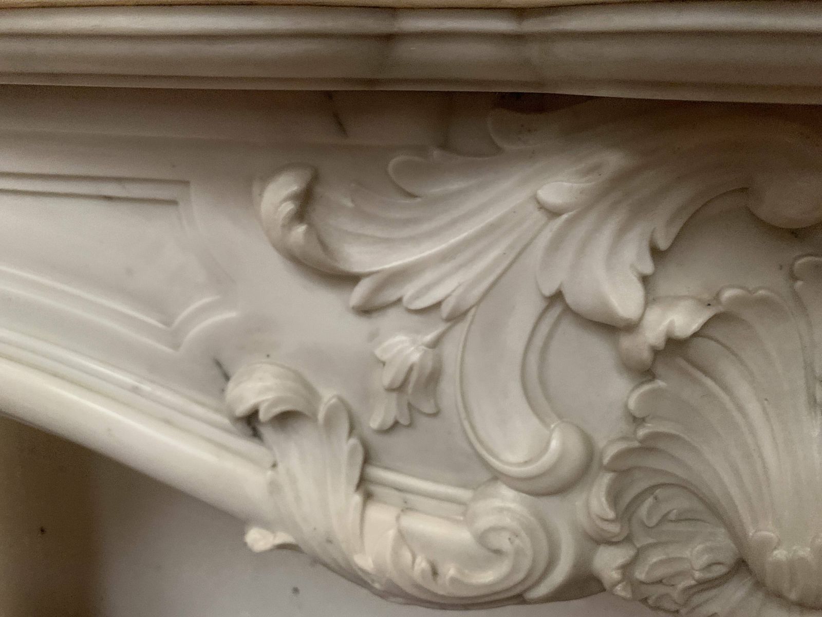photo for sale Louis XV Style Fireplace In White Carrara Marble, 19th Century