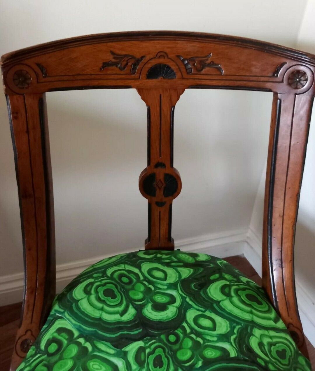 Victorian Carved Wood Chair Reupholstered With Green Malachite Print Fabric photo Furniture