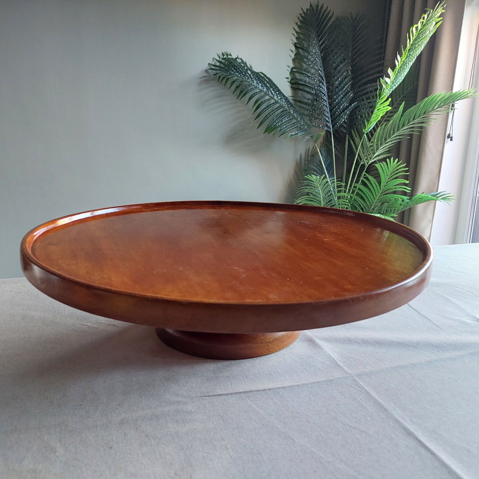 photo vinterior Early Mid Century Teak Lazy Susan Large Art Deco Centerpiece Revolving Serving Tray, 40s