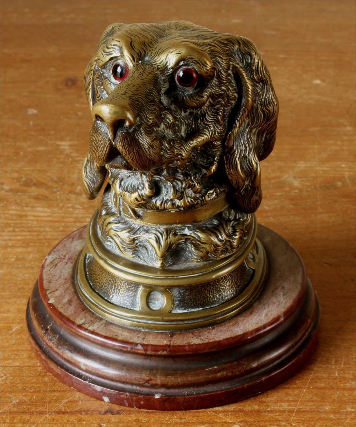 Victorian Brass Dog Inkwell. Marble Spaniel Ink Stand. Paperweight C1880.