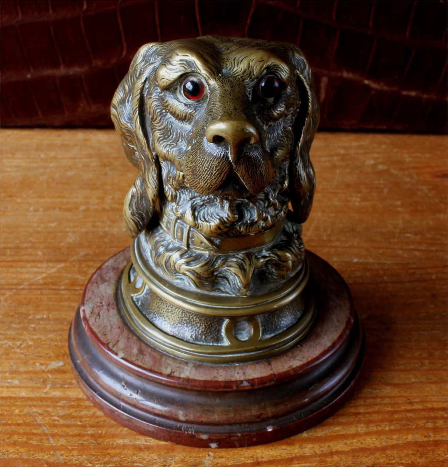 Victorian Brass Dog Inkwell. Marble Spaniel Ink Stand. Paperweight C1880. photo Home Decor