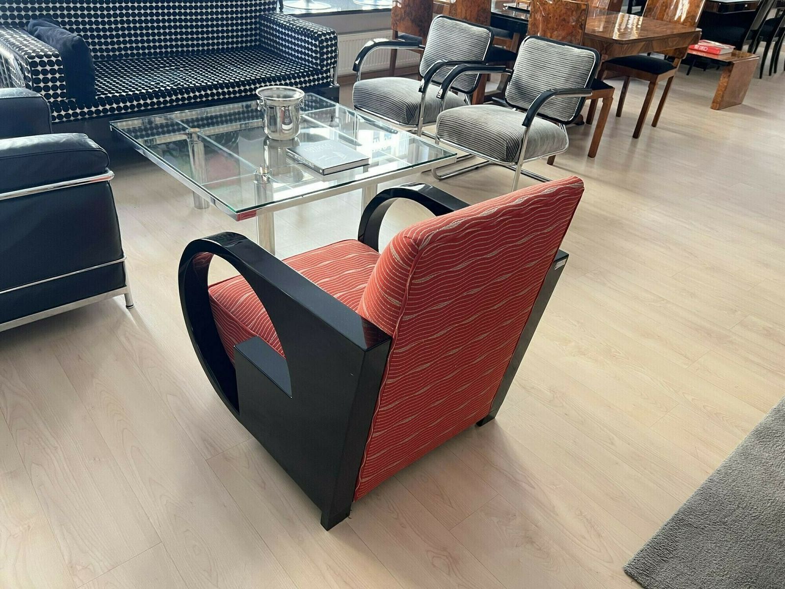 Art Deco Club Chair, Black Lacquer And Red Fabric, France Circa 1930 photo vintage