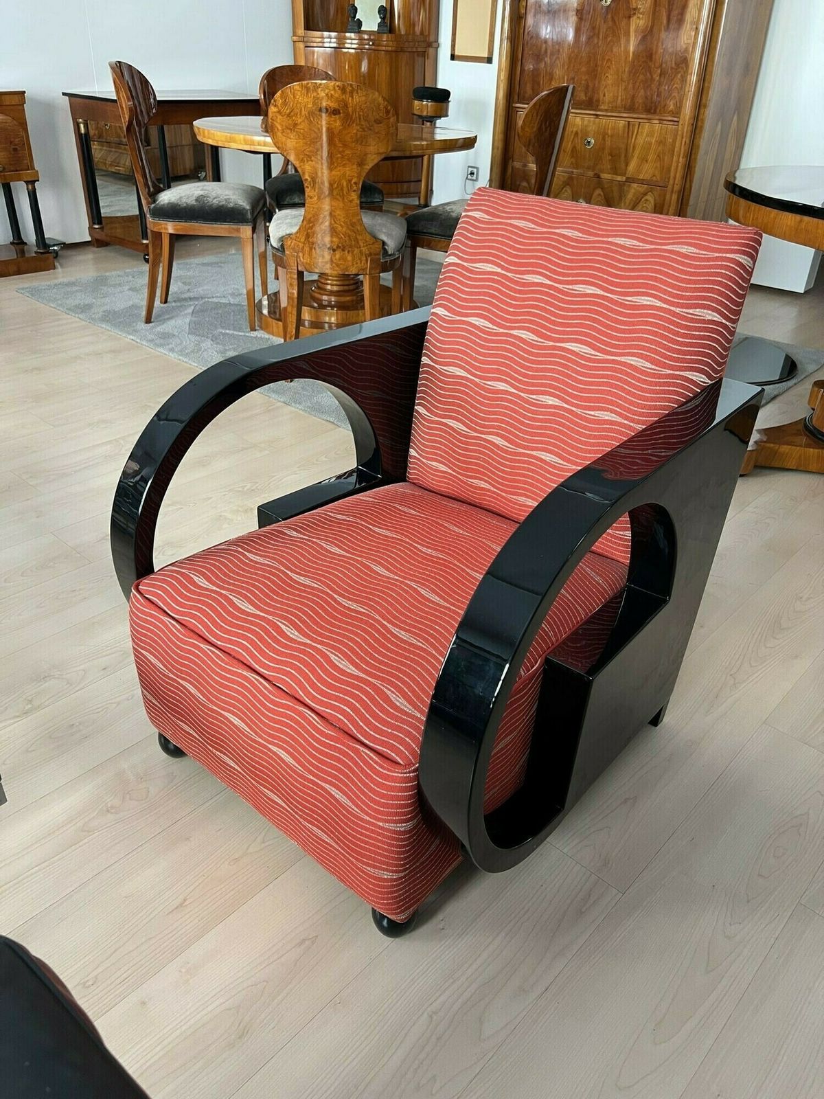 Furniture Art Deco Club Chair, Black Lacquer And Red Fabric, France Circa 1930 photo