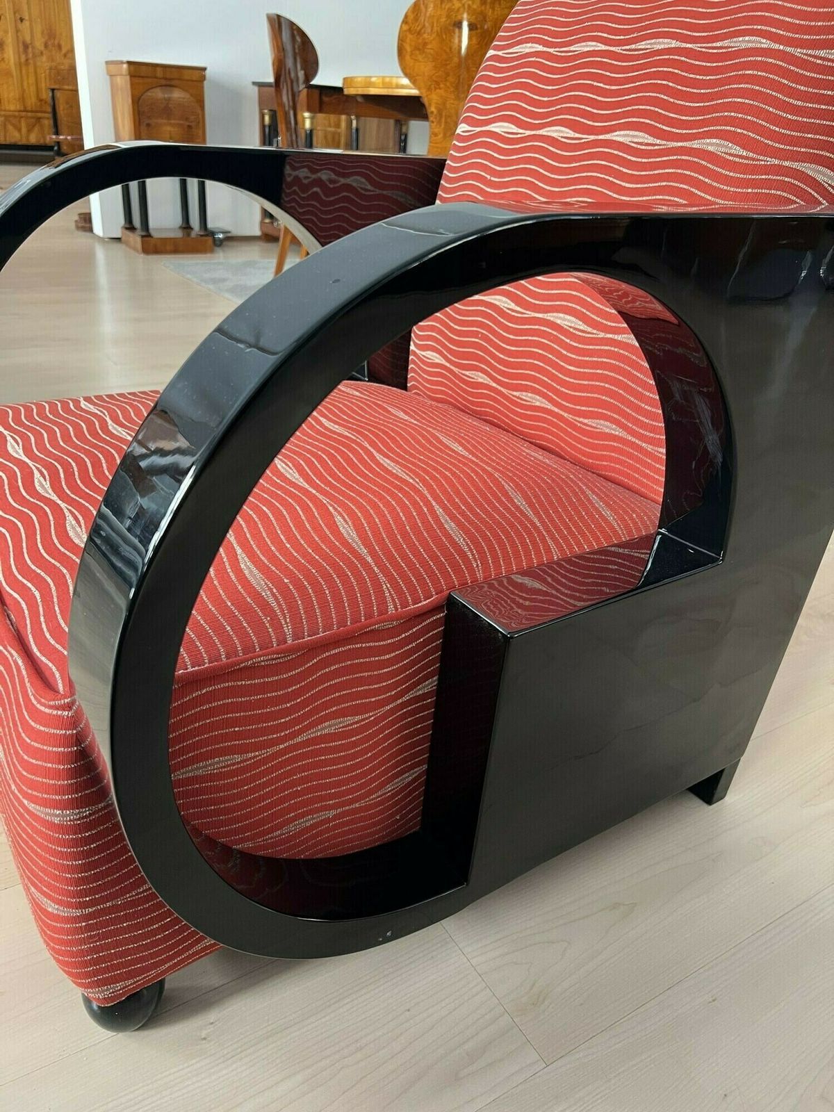 4608.34 Art Deco Club Chair, Black Lacquer And Red Fabric, France Circa 1930 photo