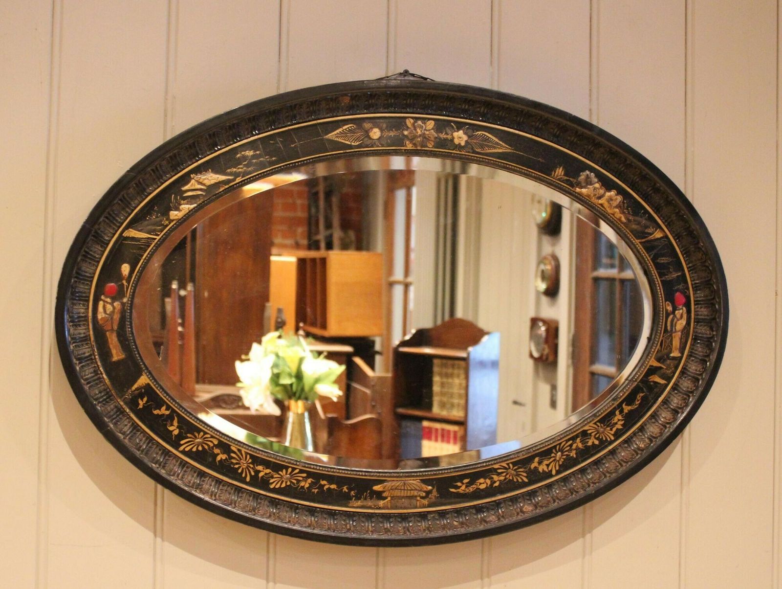 Oval Black Lacquered Wall Mirror photo for sale