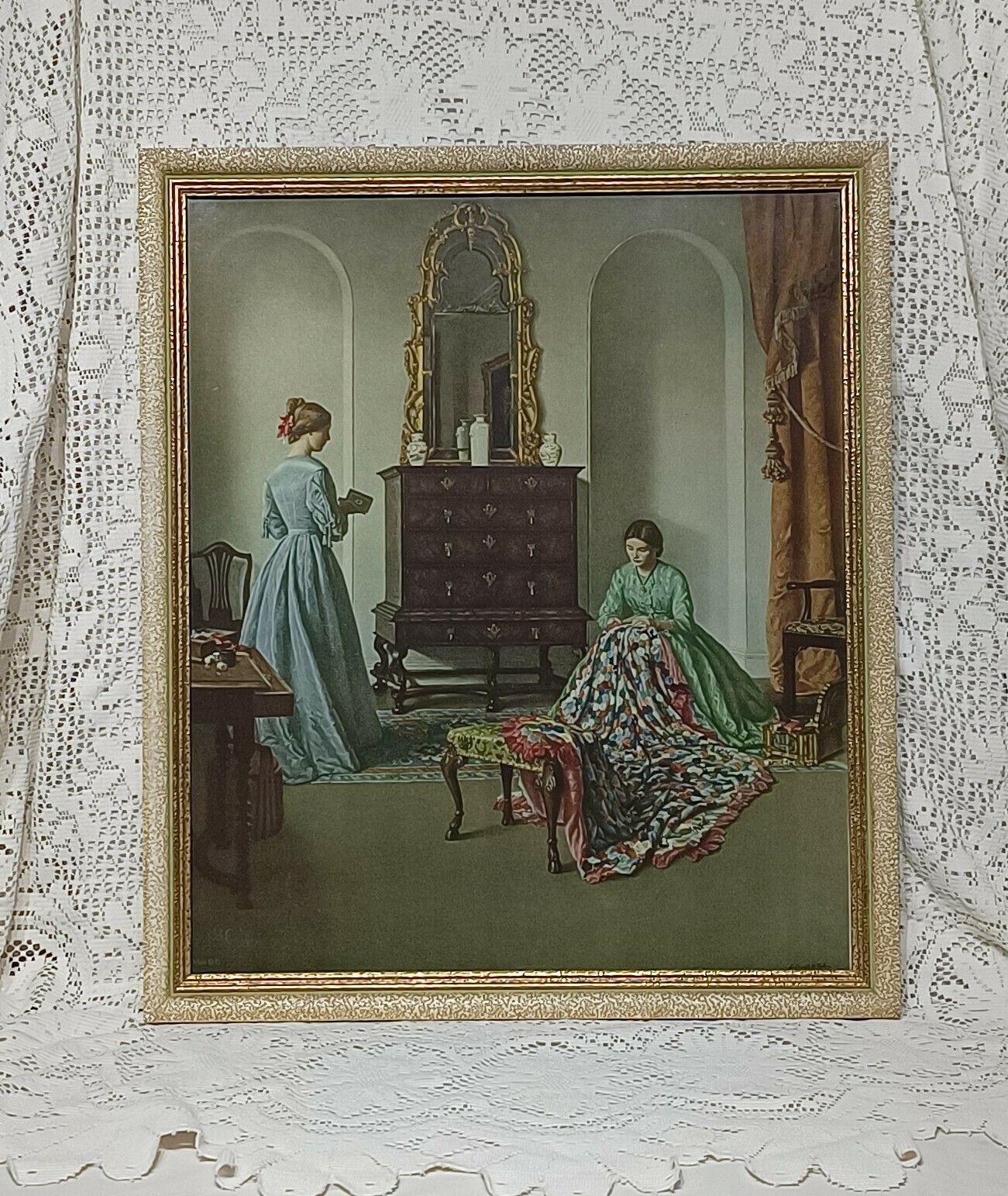 Large Mid Century Art Print The Patchwork Quilt After Leonard Campbell Taylor Framed.