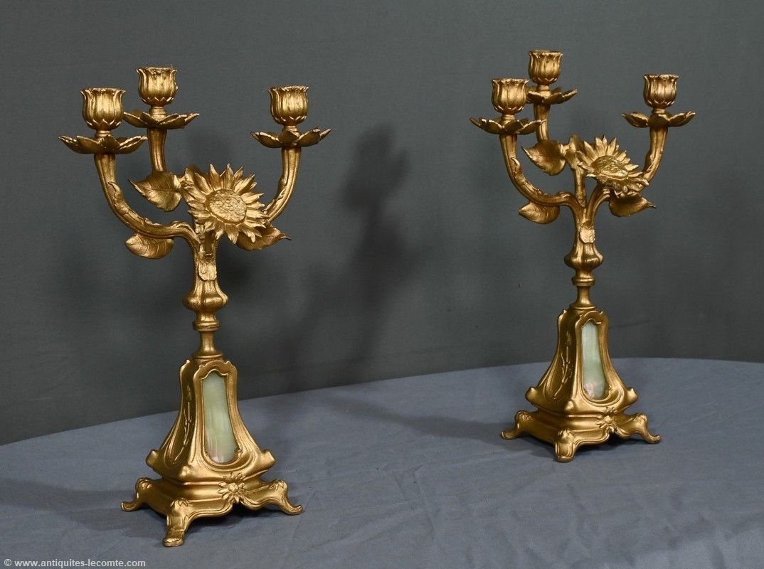 Pair Of Candelabra In Golden Regulate And Onyx – 1940 photo for sale