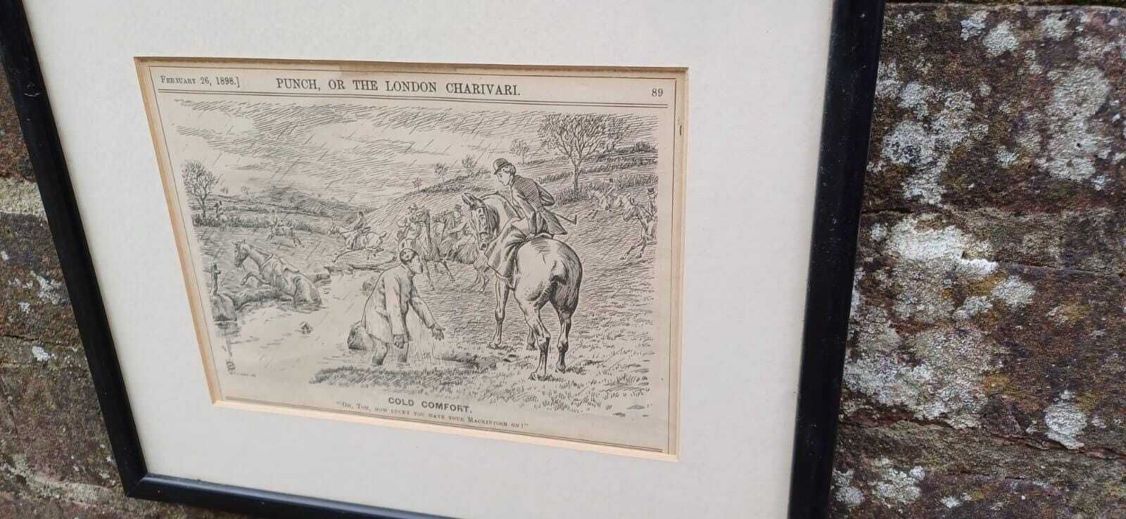 Wonderful Framed Antique Punch Fox Hunting Cartoon Fox Hunting ‘Cold Comfort’ Man Falling Off His Horse.C1898 photo Art
