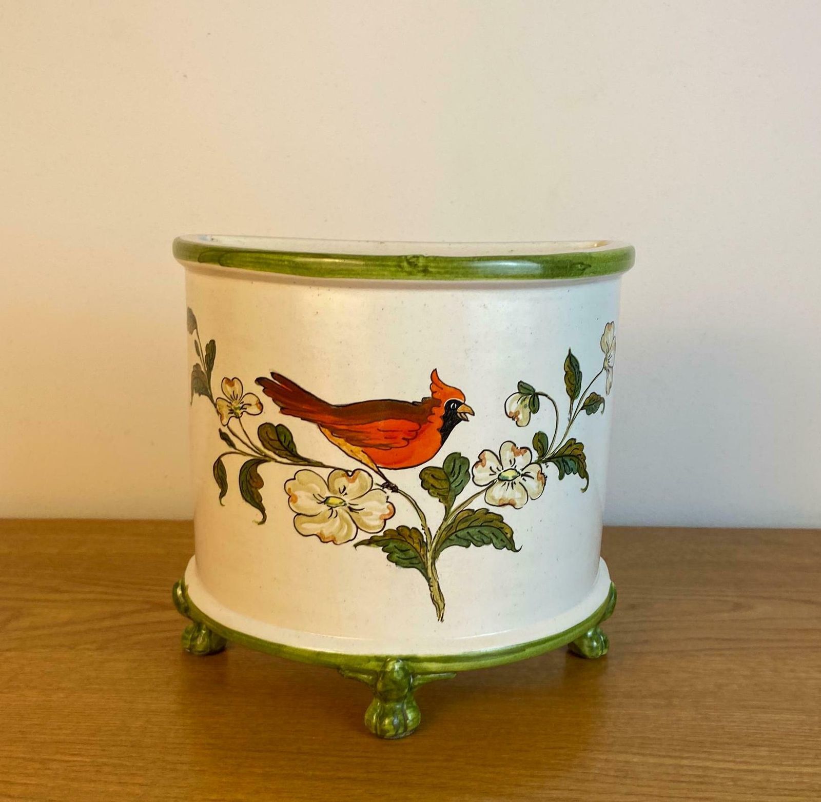Vintage Bassano Italian Handmade And Hand Painted Ceramic Half Planter, Half Plant Pot, With A Red Cardinal Bird On It 21cm X 19cm X 14cm