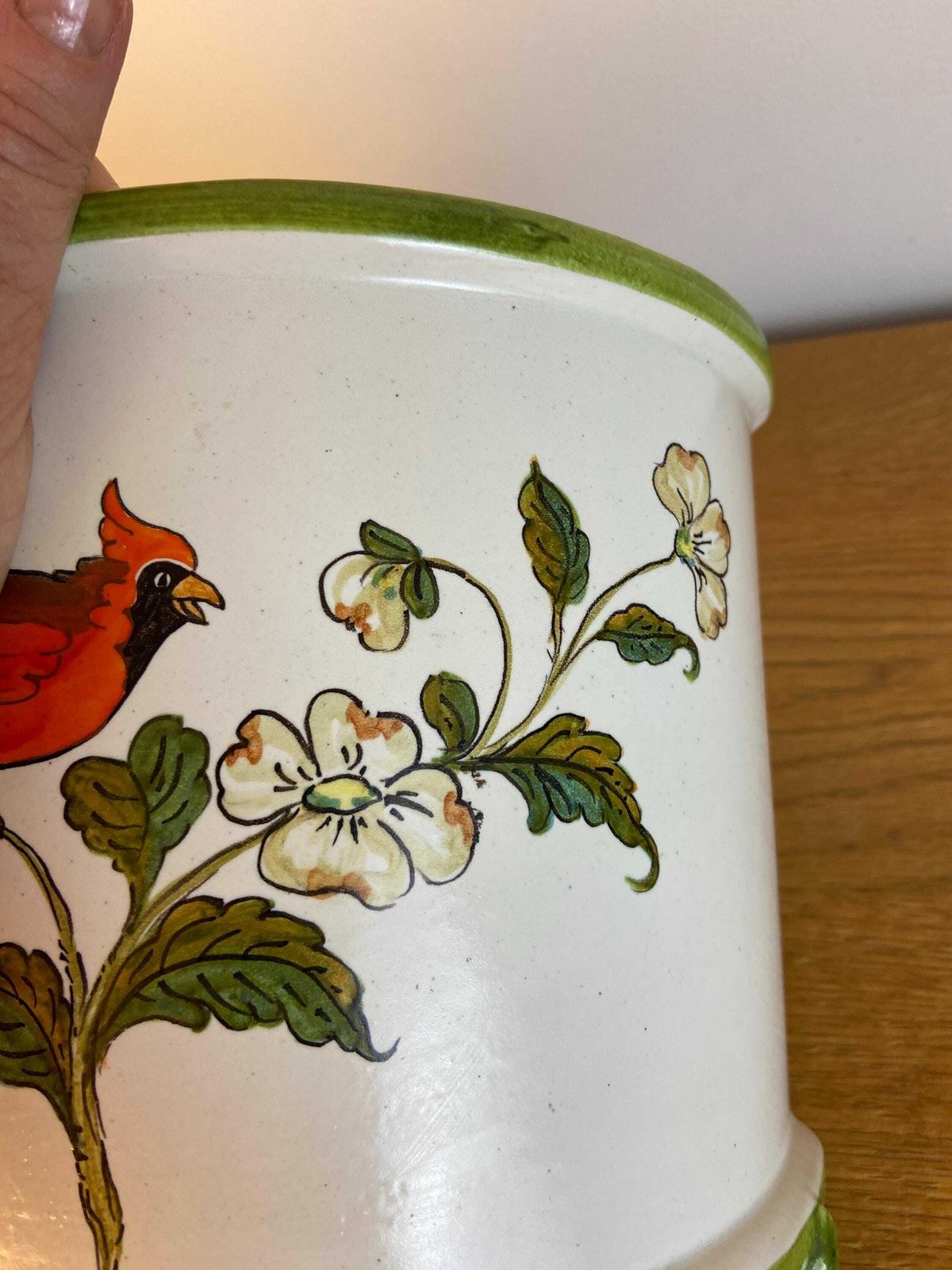 Vintage Bassano Italian Handmade And Hand Painted Ceramic Half Planter, Half Plant Pot, With A Red Cardinal Bird On It 21cm X 19cm X 14cm photo for sale