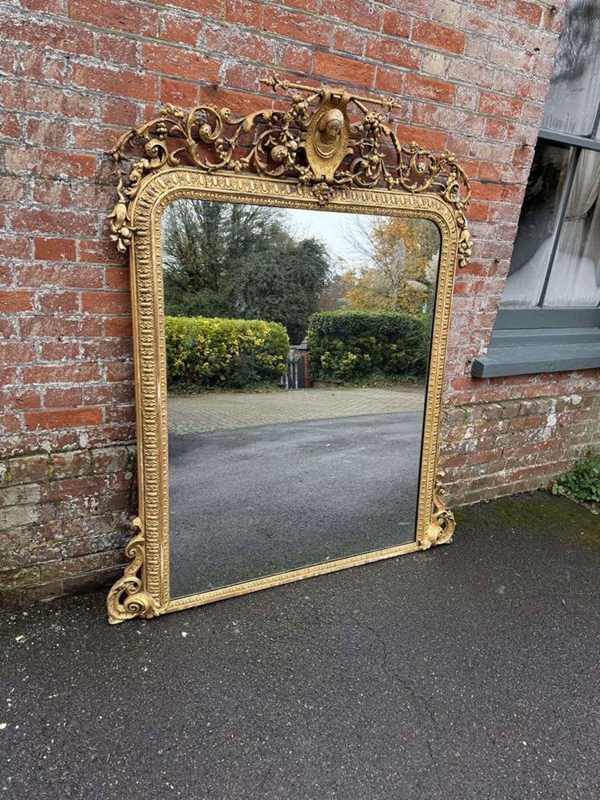 An Exceptional Unusual Large Antique Gilt Overmantle Mirror