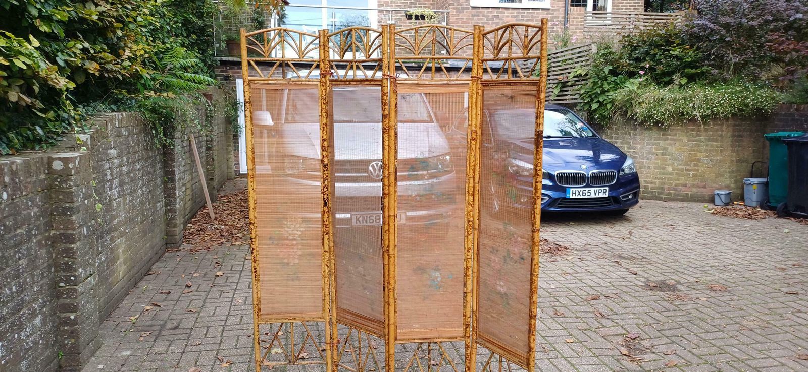 photo for sale Superb Hand Painted Oriental Style Victorian Bamboo And Rattan Folding Vanity Screen Room Divider.