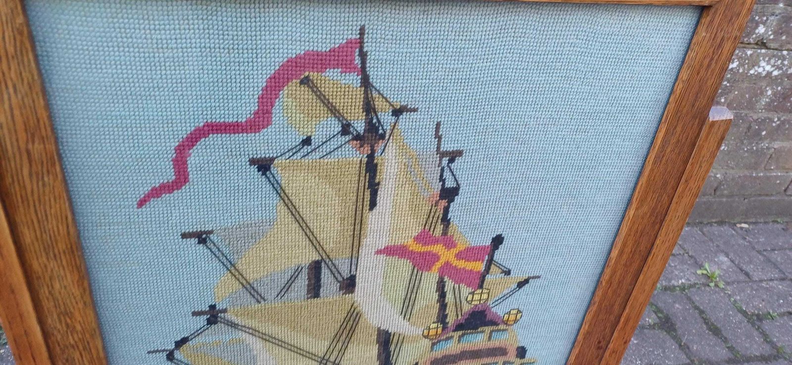 Classic Vintage Oak Fire Screen With Galleon Tapestry And Glazed Panel photo buy