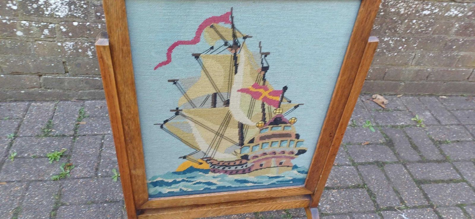 Classic Vintage Oak Fire Screen With Galleon Tapestry And Glazed Panel photo vintage