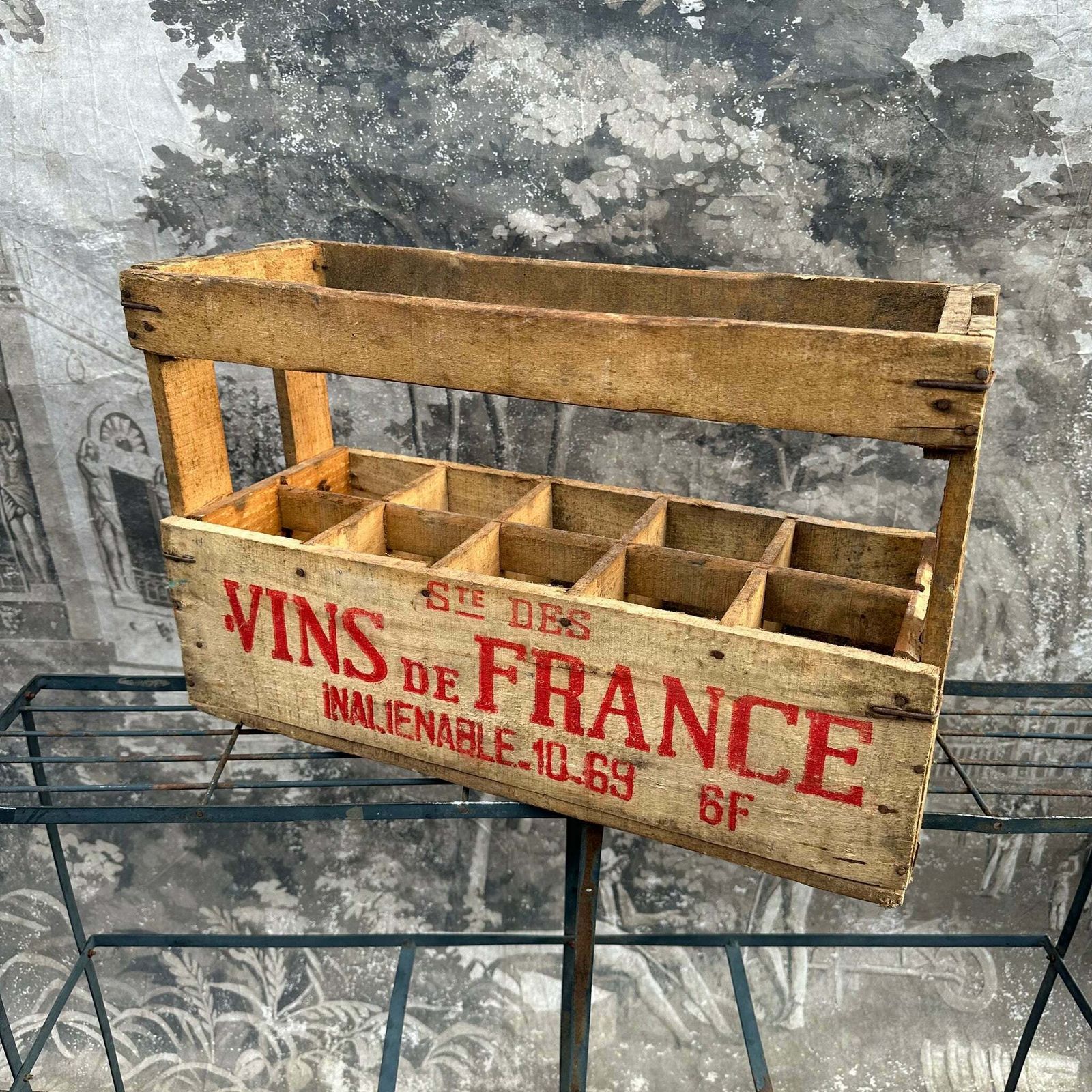 Vintage French “Vins De France” Wooden Wine Bottle Crate Carrier   10 Bottles photo for sale